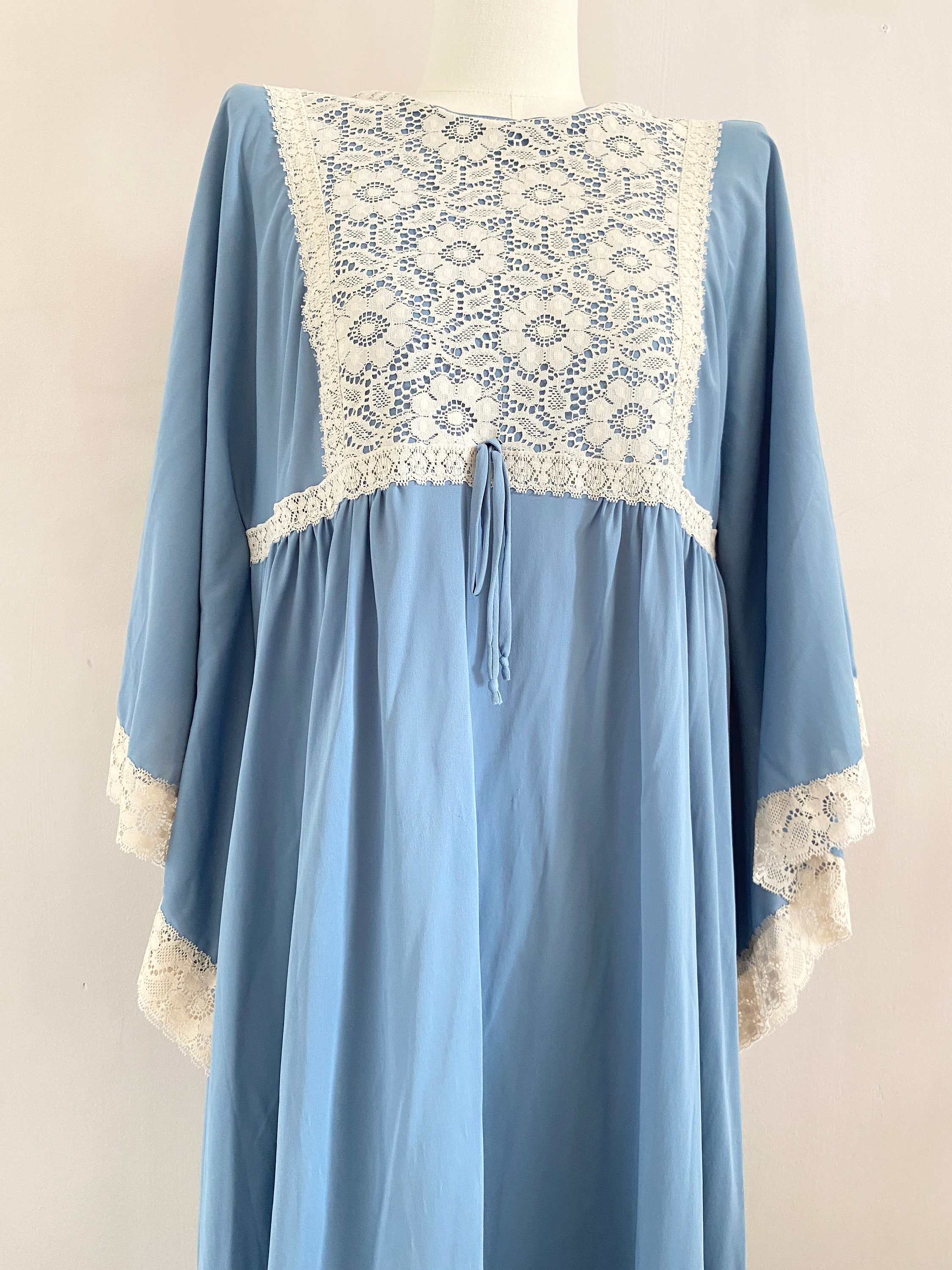 Vintage 70s Blue Angel Sleeves Nightgown - 1970s Lace Long Kaftan Dress ...