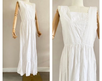 Vintage 70s white cotton nightgown size s - 1970s midi summer dress