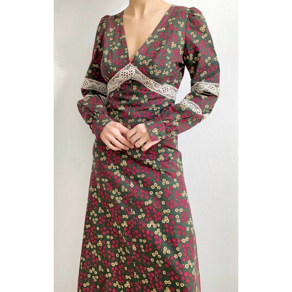 1970s cotton prairie dress with crochet details an