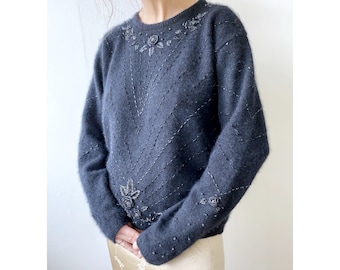 1980's black angora wool sweater with beads - mohair sweater wool sweater