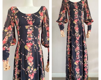 Vintage 70s black floral cotton prairie dress size xs - 1970s boho hippie dress with long sleeves