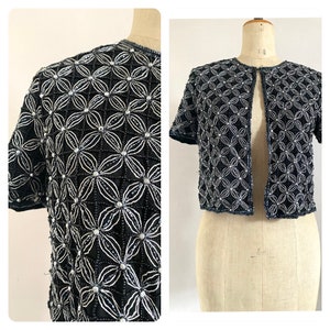 Vintage 1980s silk beaded cardigan size S - 80s black silver party top