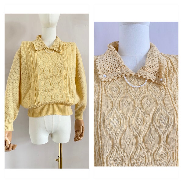 pull au crochet de perles crème vintage des années 60 - pull tricoté des années 1960