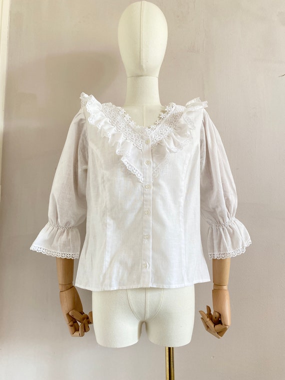 Vintage 1980s cotton ruffle blouse size xs- vinta… - image 2