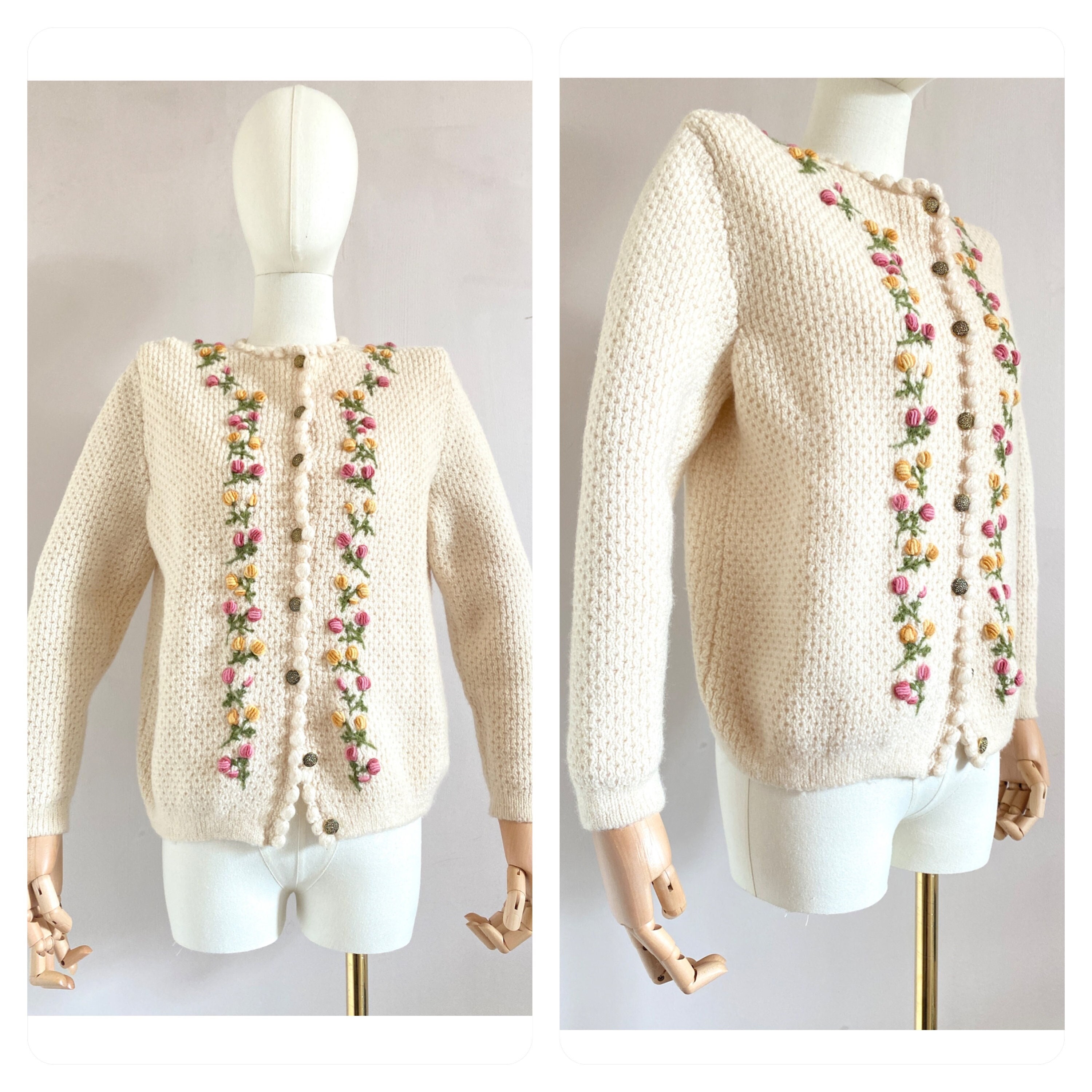 Vintage 80s Cream White Austrian Cardigan With Embroidered