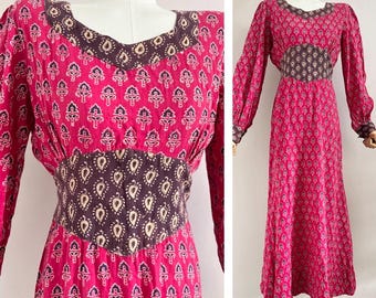 Vintage 70s Indian cotton red purple dress - 1970s block print robe