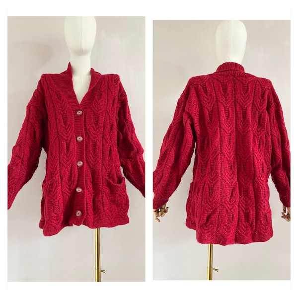 Vintage 80s red wool cable cardigan - 1980s hand knitted chunky oversized vest with pockets