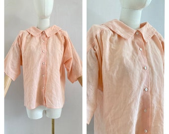 Vintage 80s Cacherel pink cotton blouse SIZE L - 1980s pastel pink shirt with short sleeves