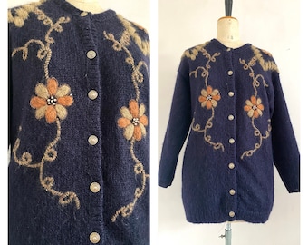 Vintage blue embroidered 80s mohair wool cardigan size L