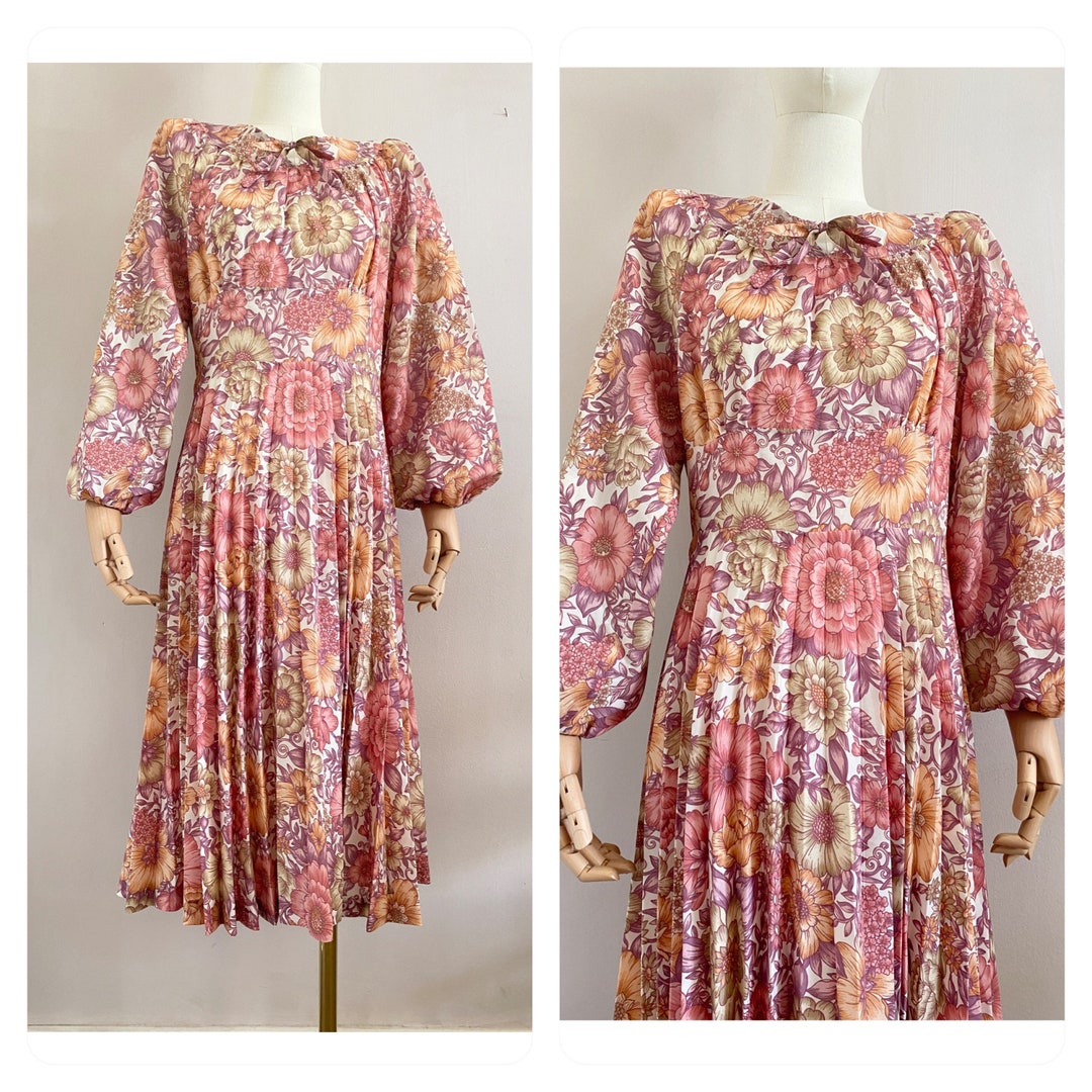 Vintage 1970s Pink Floral Plissé Midi Dress SIZE S - 70s Boho Hippie ...