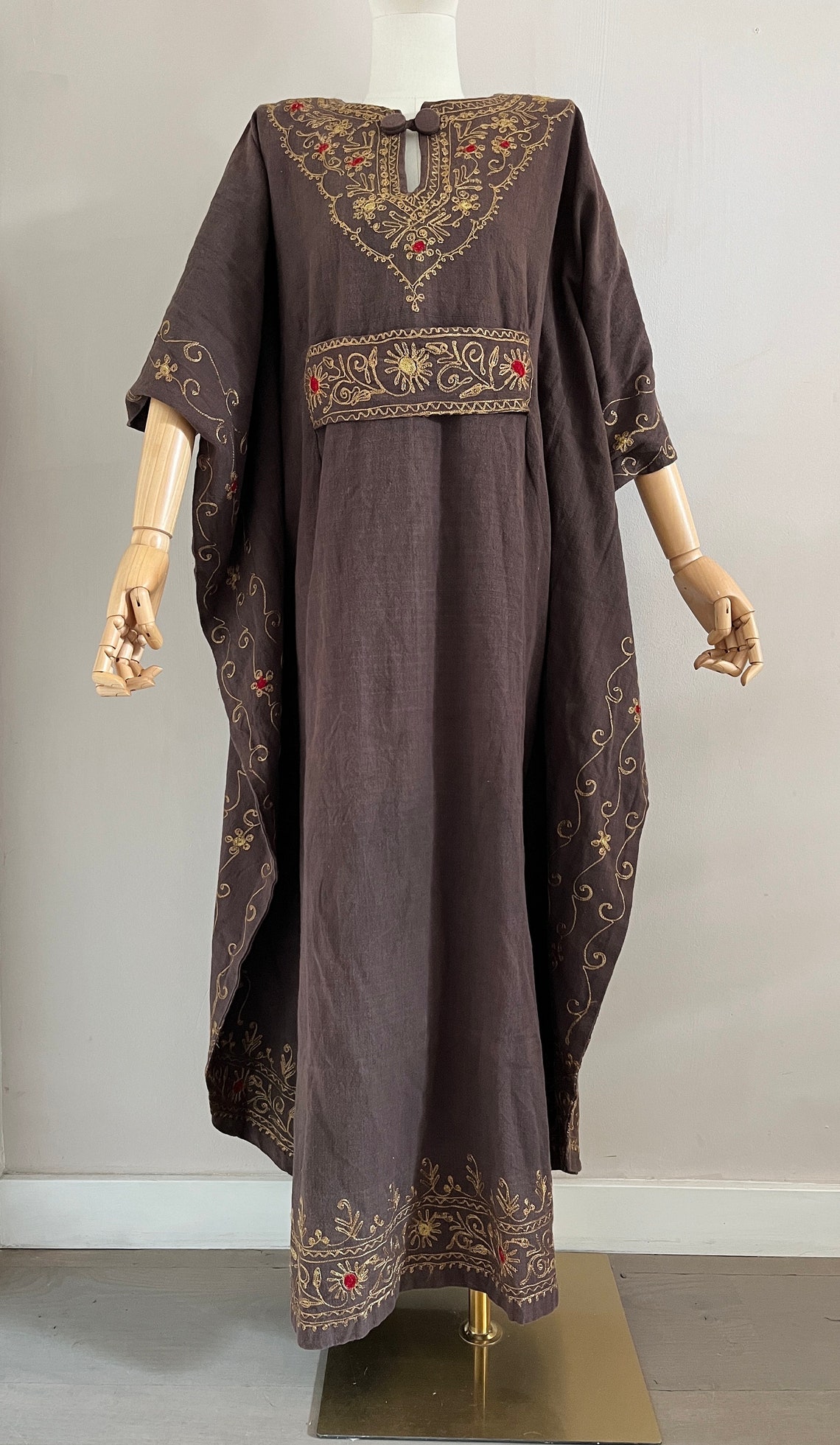 Vintage 70s Ethnic Embroidered Kaftan Dress - 1970s Brown Cotton Angel ...