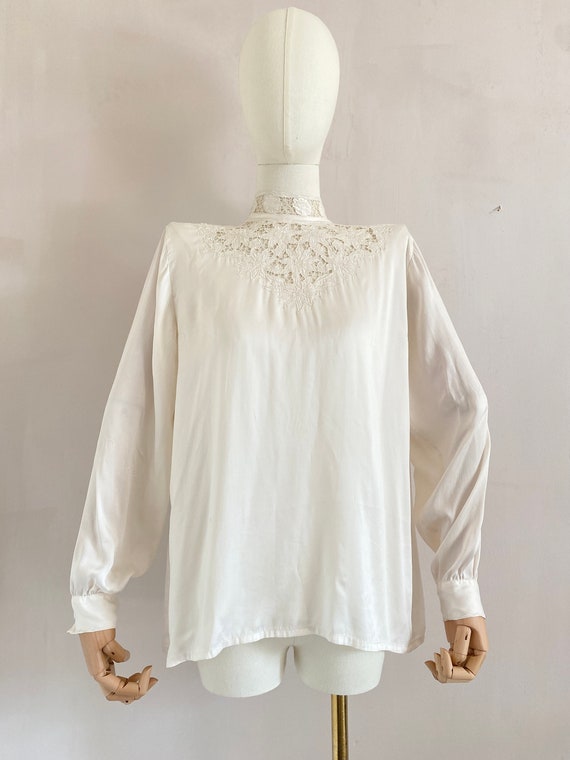Vintage 80s 90s Cream Black Striped Satin Feel Boxey Fit Blouse 12 14 M