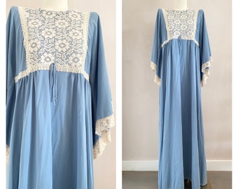 Vintage 70s blue angel sleeves nightgown - 1970s lace long kaftan dress