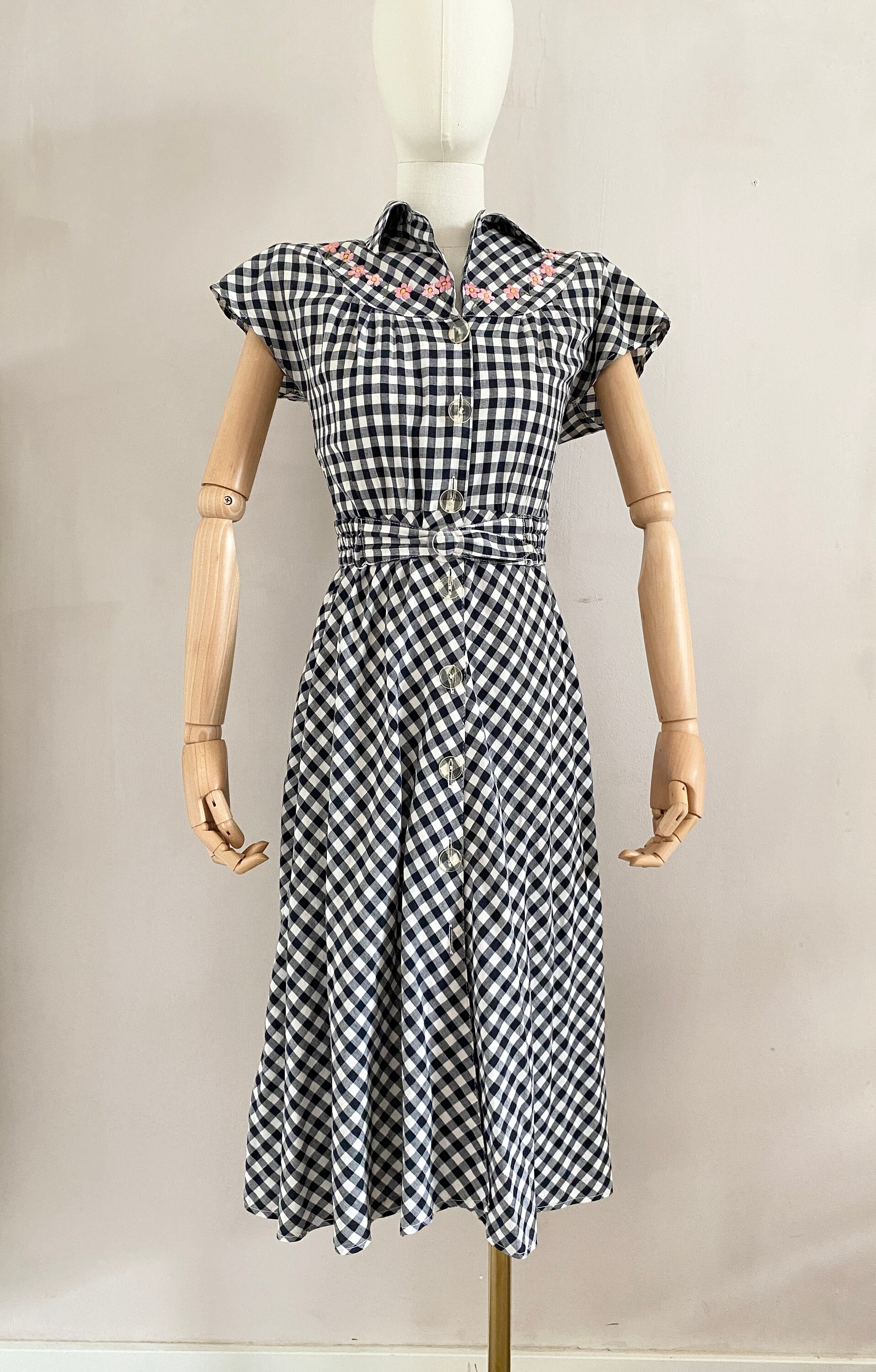 1950s Gingham Buttons A-Line Midi Dress