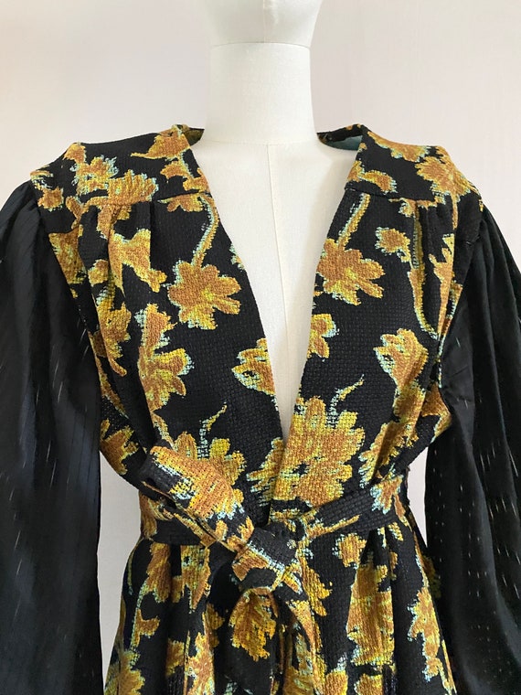 Vintage 80s black yellow floral belted jacket - 1… - image 3