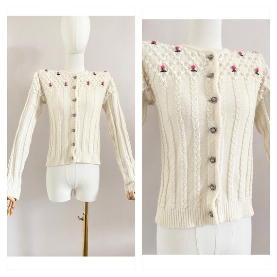Vintage 80s Cream White Austrian Cardigan With Embroidered Flowers 