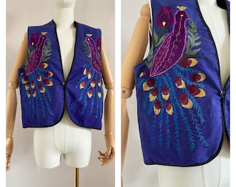 Vintage 70s purple embroidered peacock waistcoat size m - 1970s bohemian cotton gilet