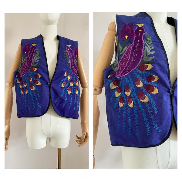 Vintage 70s purple embroidered peacock waistcoat size m - 1970s bohemian cotton gilet