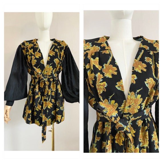 Vintage 80s black yellow floral belted jacket - 1… - image 1