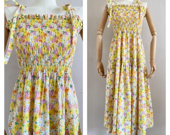 Insane Vintage 80s Pastel Beige Tropical Leaves Cotton Ruffle Dress with Flowers & Butterfly
