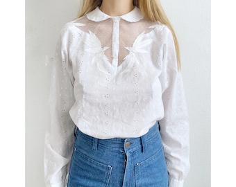 Vintage 1980s bordado anglaise vintage blusa - blusa bordada vintage - blusa de encaje vintage