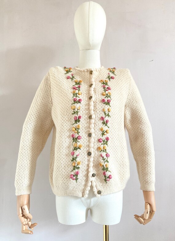 Vintage 1980s Cream Wool Austrian Cardigan Size S - Vintage Wool 