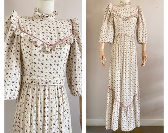 Vintage 1970s cream floral prairie dress size xs - vintage cottagecore dress - vintage 70s maxi dress - vintage dress viscose