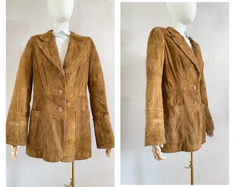 Vintage 90s suede camel patchwork jacket - 1990s leather brown lined blazer