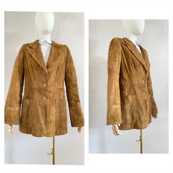 veste patchwork camel en daim vintage des années 90 - blazer doublé en cuir marron des années 1990