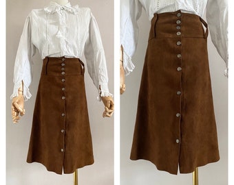 Vintage 60 brown suede midi skirt - 1960s leather a-line robe