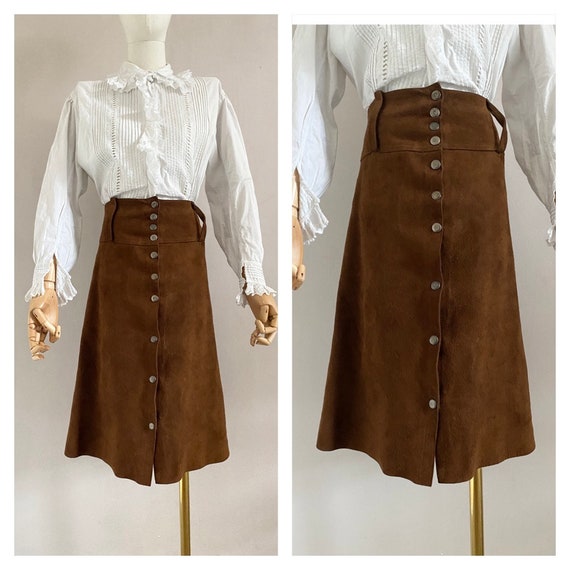 Vintage 60 brown suede midi skirt - 1960s leather… - image 1