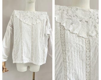 Vintage 80s  white cotton lace blouse - victorian style shirt