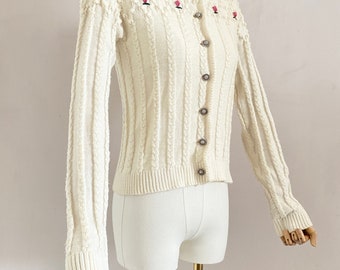 トップス 80s Embroidery Cream Austrian Cardigan Vintage 80s Cream White Austrian Cardigan With Embroidered