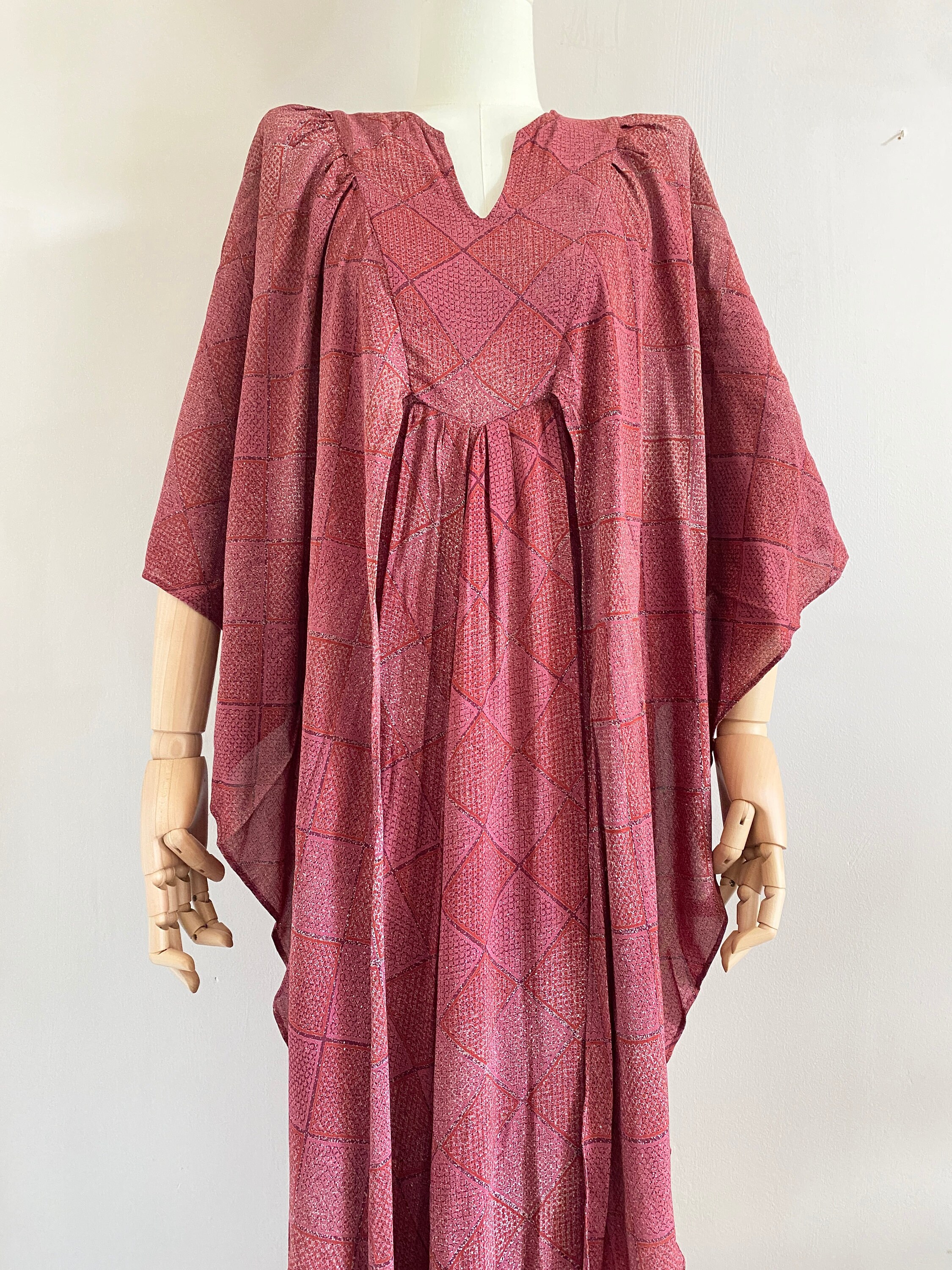 Vintage 1970s Kaftan Dress With Huge Angel Sleeves Vintage Red Purple ...