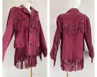 Vintage leather fringe jacket from the 90s - 1990s real suede red western coat