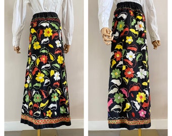 Vintage 70s embroidered maxi skirt - 1970s black floral long cotton and silk robe