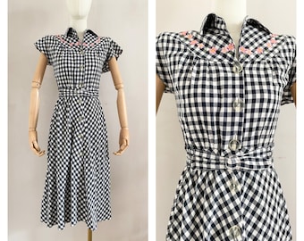 Vintage 1960s gingham cotton embroidered midi dress - 60s checked button down a-line dress -