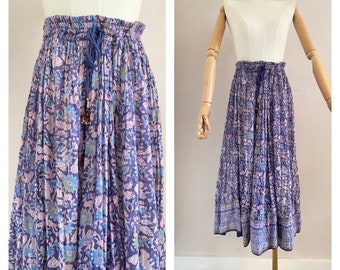 Vintage 70s Indian cotton gauze skirt - 1970s floral boho midi block print robe