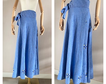 Vintage 70s largo denim azul bordado wrap skirt - 1970s jeans circle skirt -