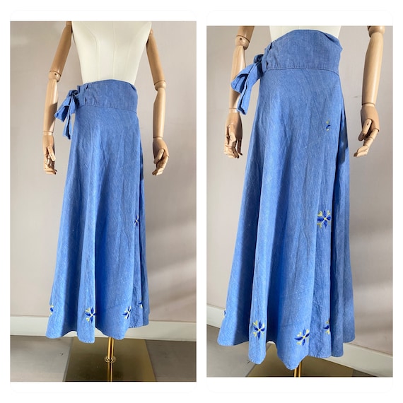 Vintage 70s long denim blue embroidered wrap skir… - image 1