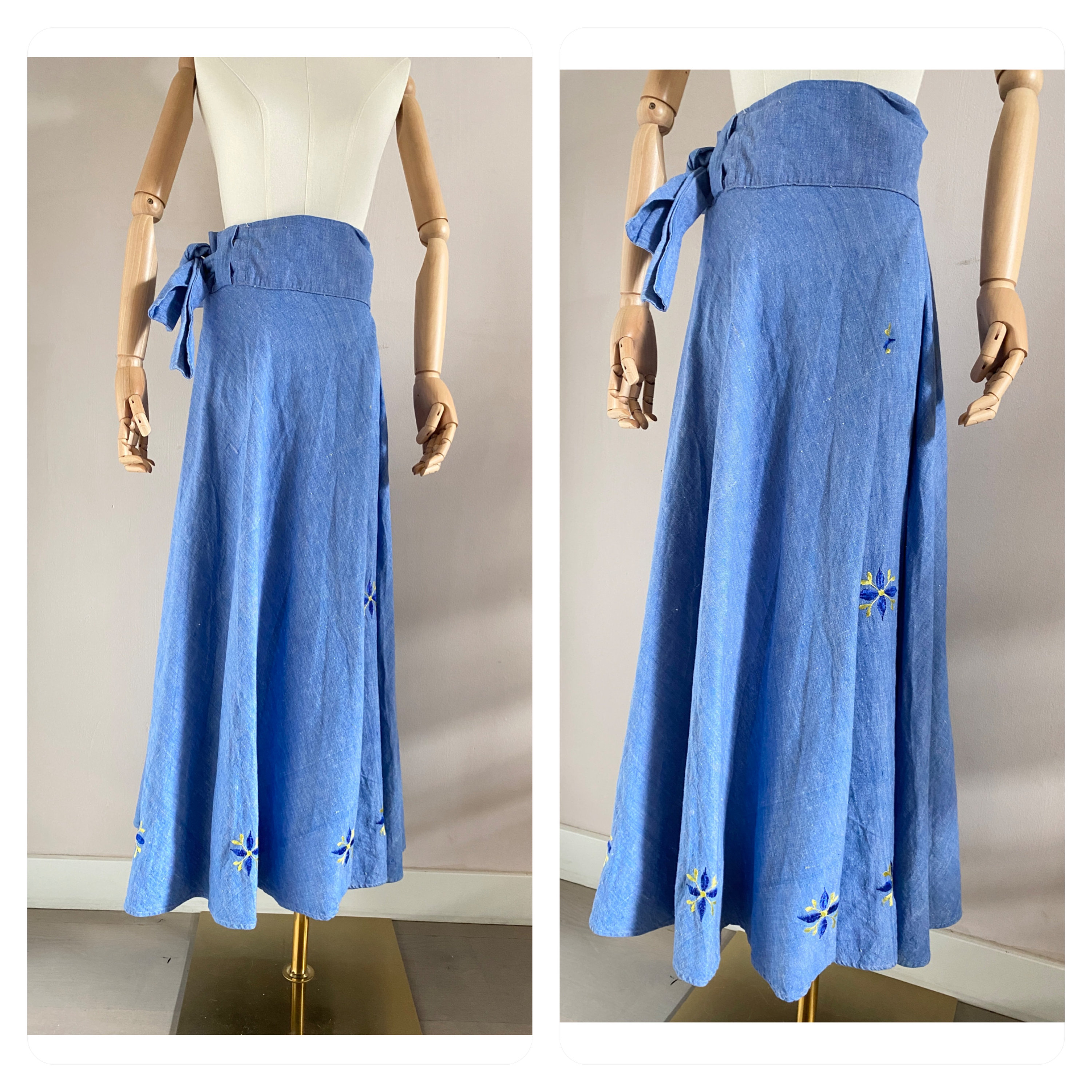 Vintage 70s Long Denim Blue Embroidered Wrap Skirt 1970s Jeans Circle Skirt Etsy
