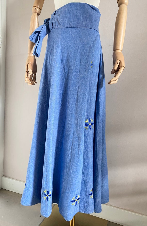 Vintage 70s long denim blue embroidered wrap skir… - image 3