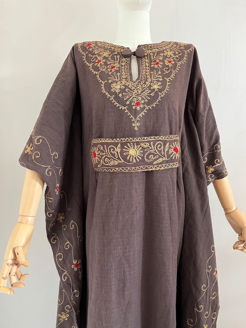Vintage 70s Ethnic Embroidered Kaftan Dress - 1970s Brown Cotton Angel ...