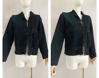 Vintage 70s black suede patchwork and crochet jacket SIZE M - 1970s leather short coat with pockets
