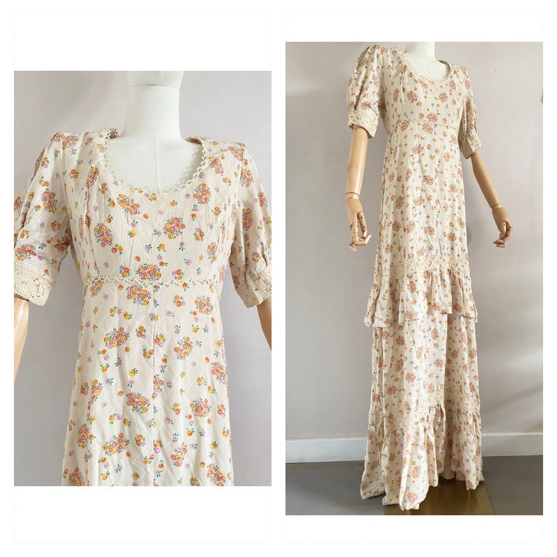 Cute 1970s Mr Darren Soft Brown Floral Cotton Prairie Midi Dress