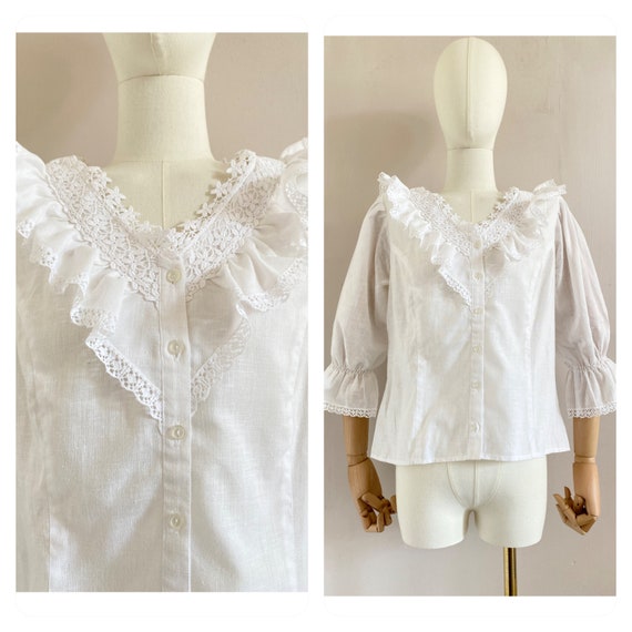 Vintage 1980s cotton ruffle blouse size xs- vinta… - image 1