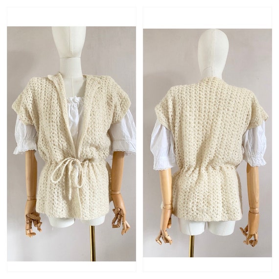 Vintage 70s cream white crochet waistcoat - 1970s… - image 1