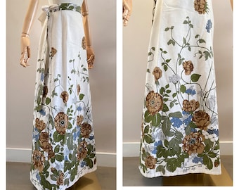 Vintage 70s cream cotton floral wrap skirt size s - 1970s off white long maxi robe