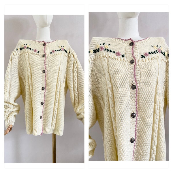 Vintage 80s Austrian cardigan with embroidered flowers - 1980s cable knitted sweater