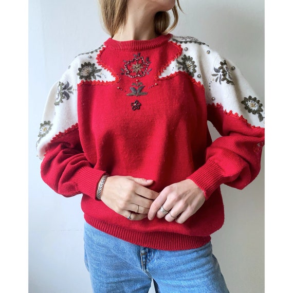 Beautiful vintage red and white wool angora sweate